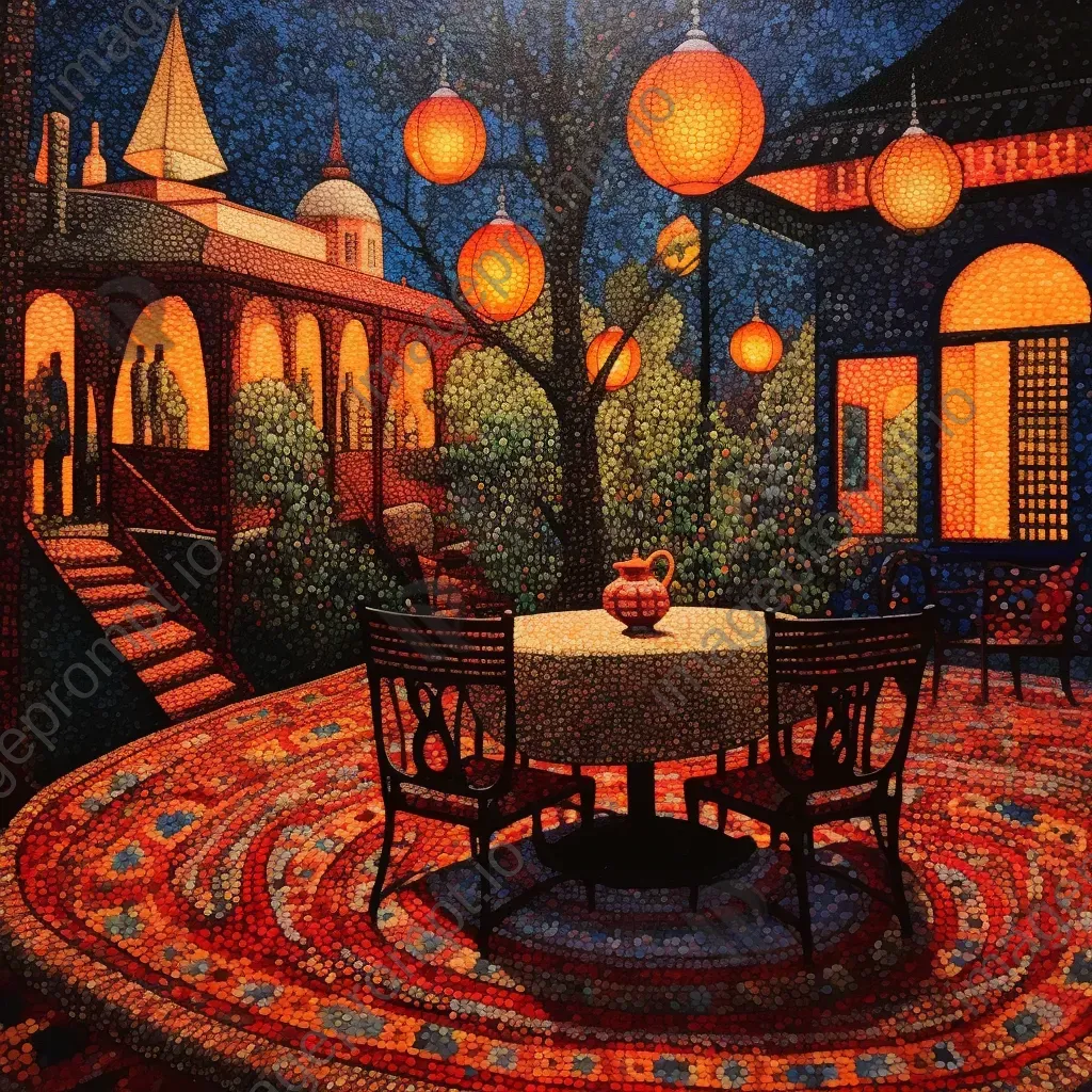 Pointillist painting of a Turkish tea house at dawn - Image 4