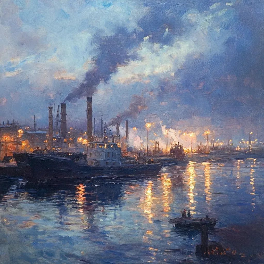 Impressionist painting of a bustling industrial port at twilight, reflecting docklights on water, inspired by Monet