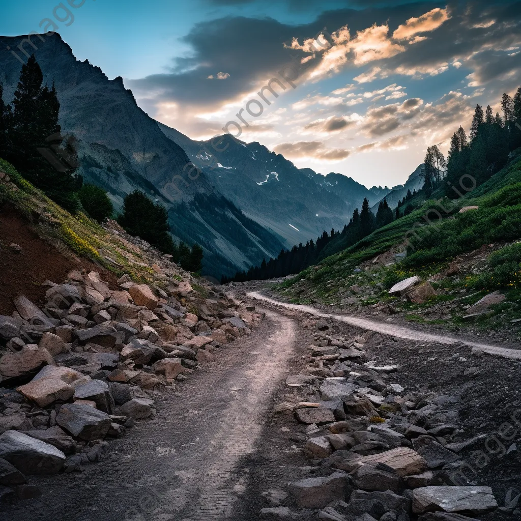 Rocky mountain pass at dusk with glowing light - Image 3