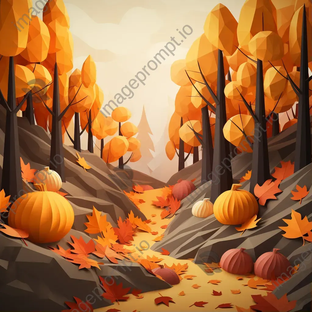 Low poly depiction of an autumn forest with colored leaves and pumpkins - Image 1