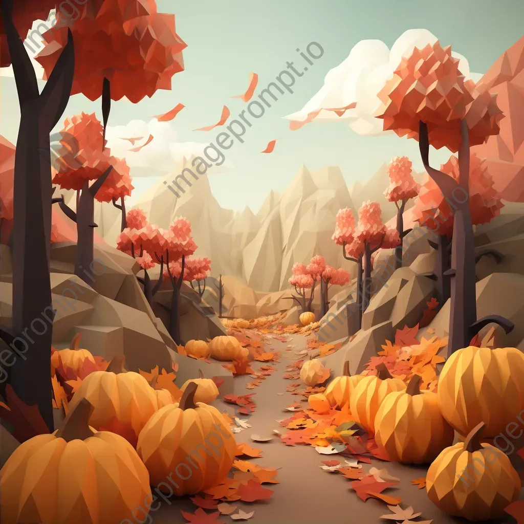 Low poly depiction of an autumn forest with colored leaves and pumpkins - Image 2