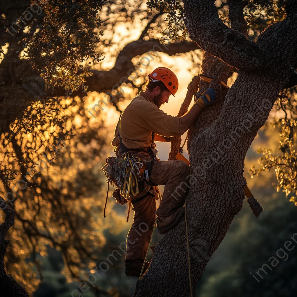 Cork harvester climbing an oak tree with tools - Image 1