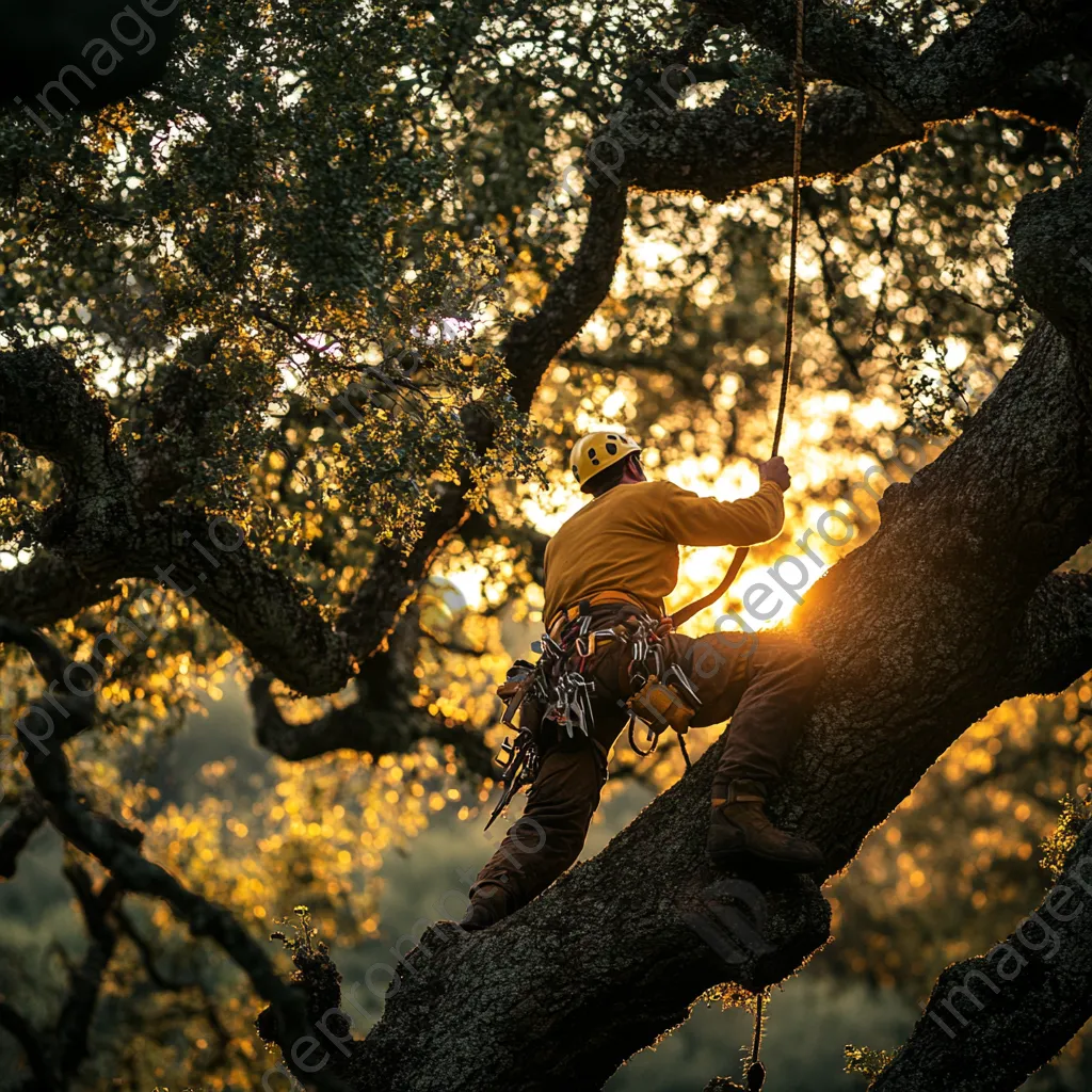 Cork harvester climbing an oak tree with tools - Image 2