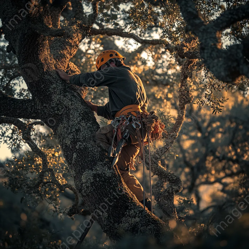 Cork harvester climbing an oak tree with tools - Image 3