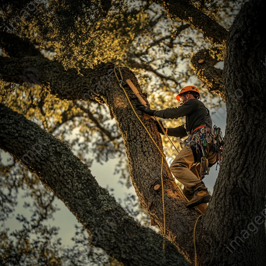 Cork harvester climbing an oak tree with tools - Image 4