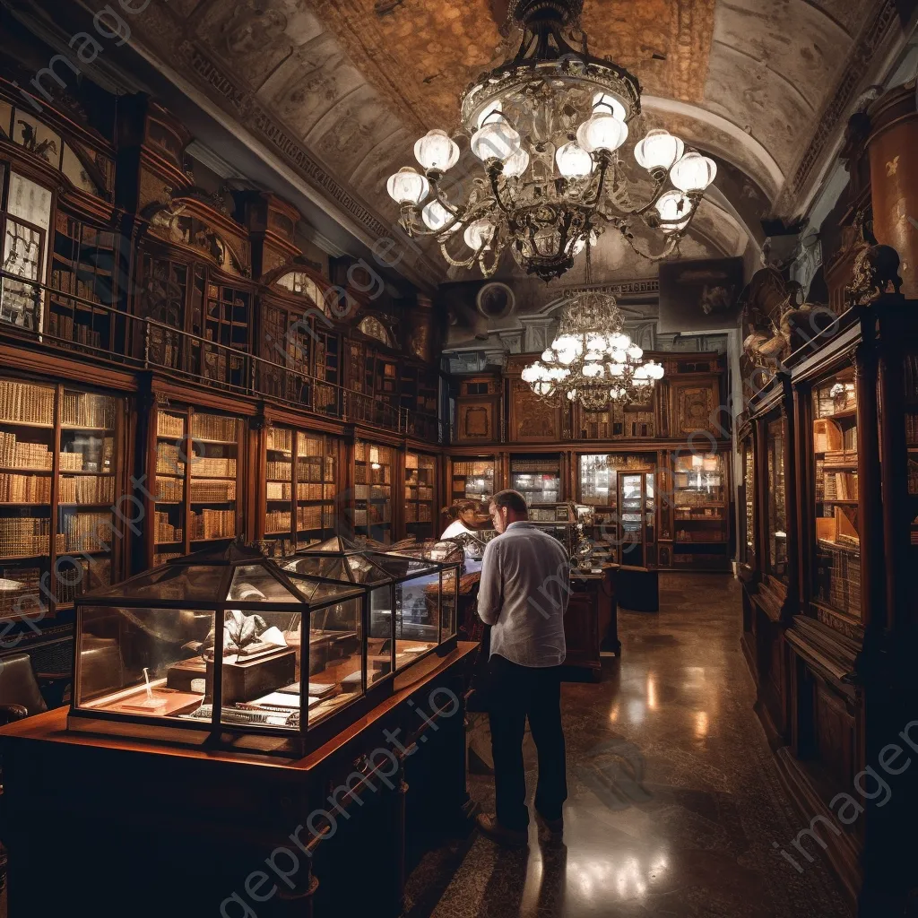 An old-fashioned library with rare books, woodwork, and a librarian. - Image 1