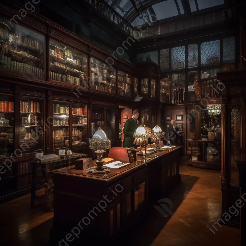 An old-fashioned library with rare books, woodwork, and a librarian. - Image 2