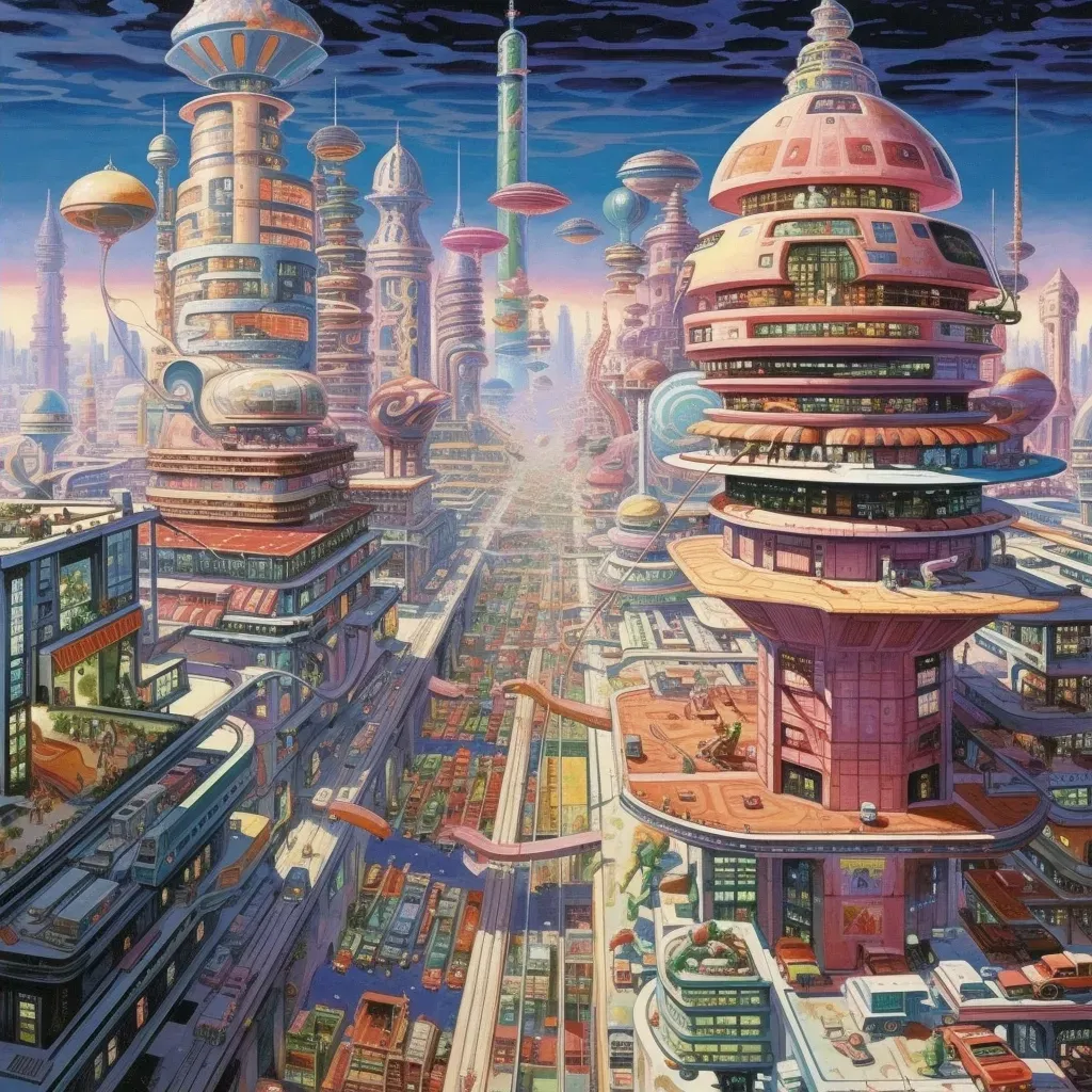 Illustration of a flourishing alien marketplace set in a city with bizarre architecture under a sky of distant galaxies - Image 2