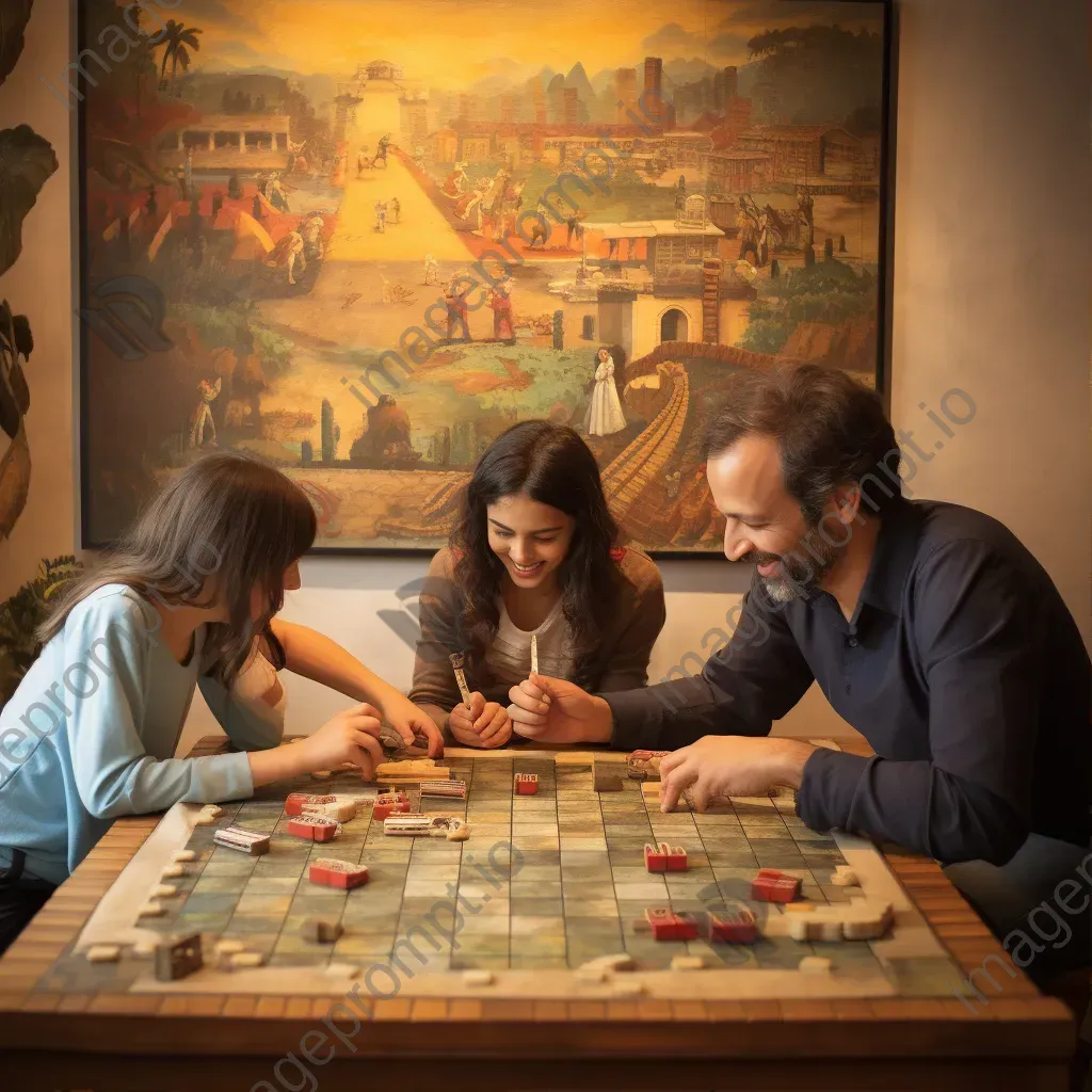 Family enjoying a traditional board game in a warm fresco-style - Image 1