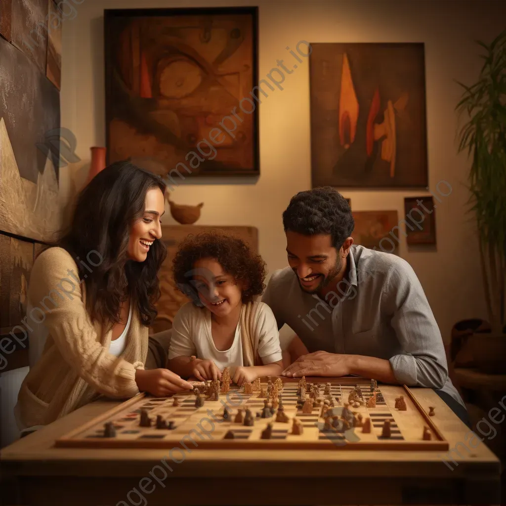 Family enjoying a traditional board game in a warm fresco-style - Image 2