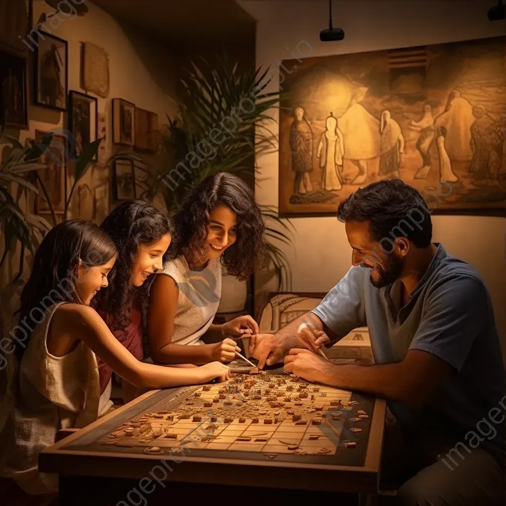 Family enjoying a traditional board game in a warm fresco-style - Image 3