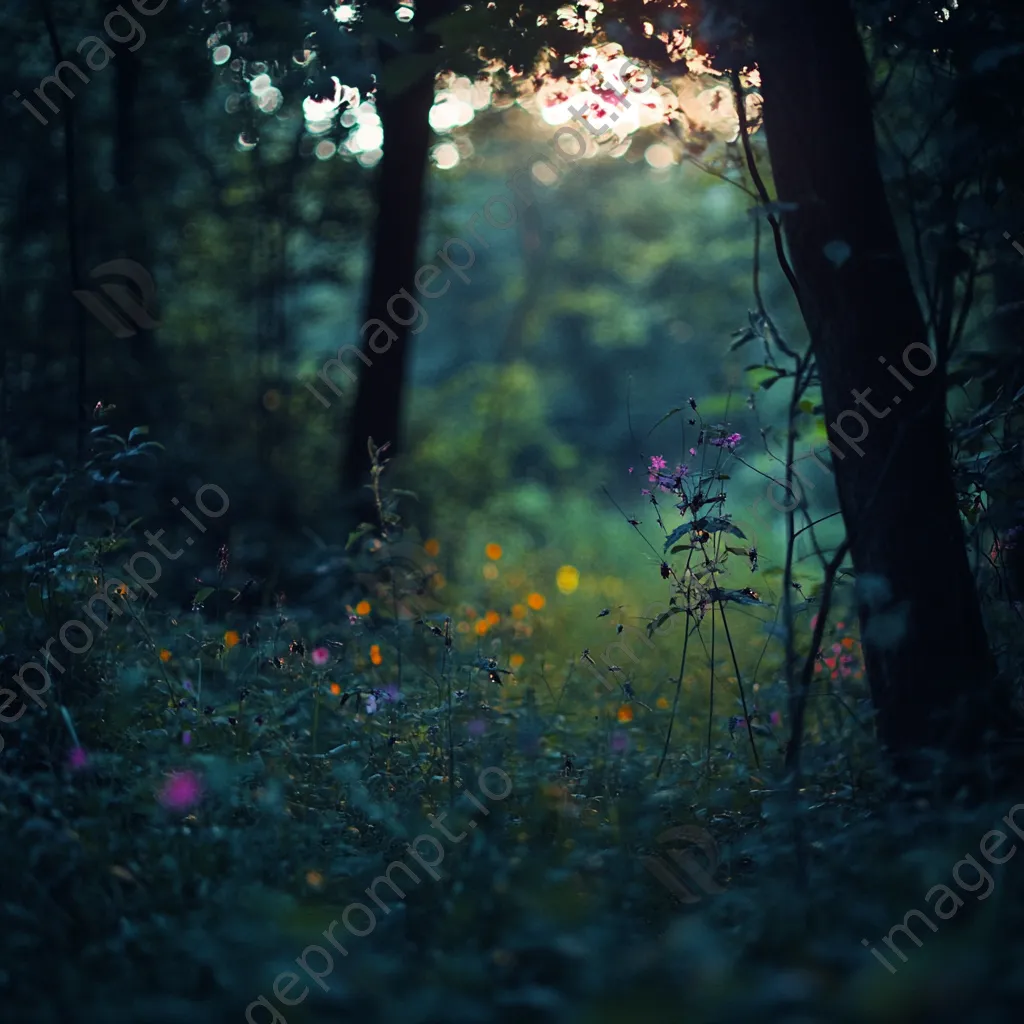 Woodland understory bustling with insects and wildlife during twilight. - Image 1