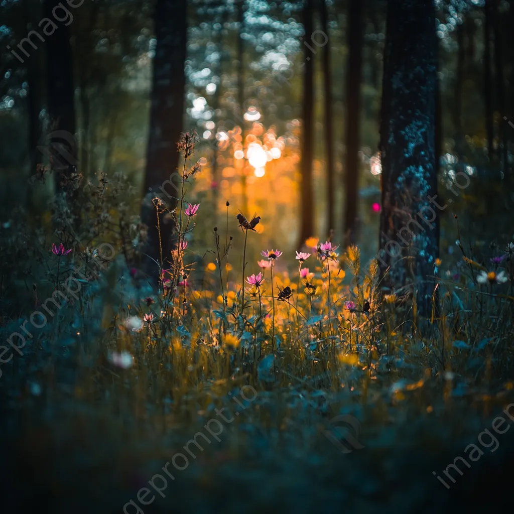 Woodland understory bustling with insects and wildlife during twilight. - Image 3