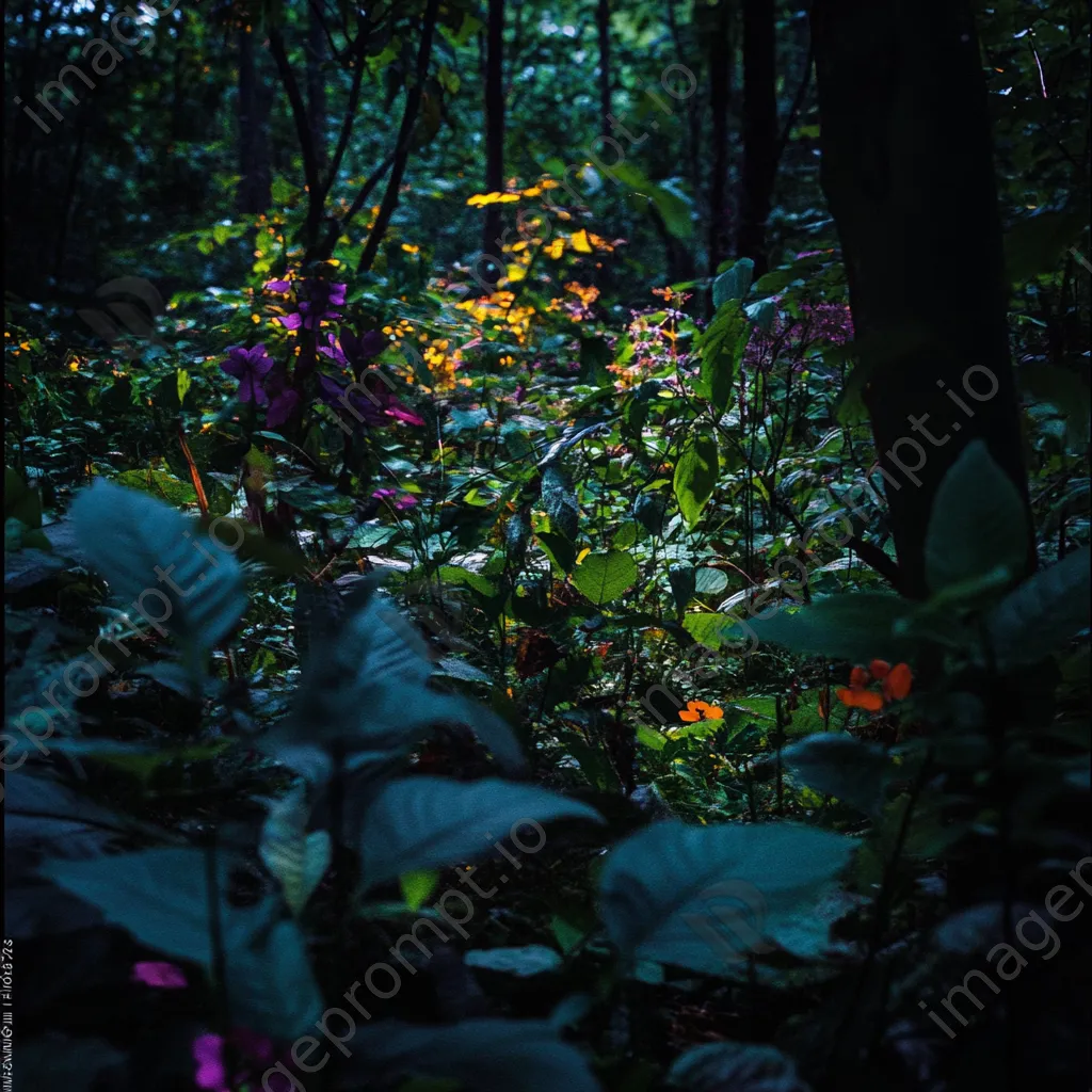 Woodland understory bustling with insects and wildlife during twilight. - Image 4