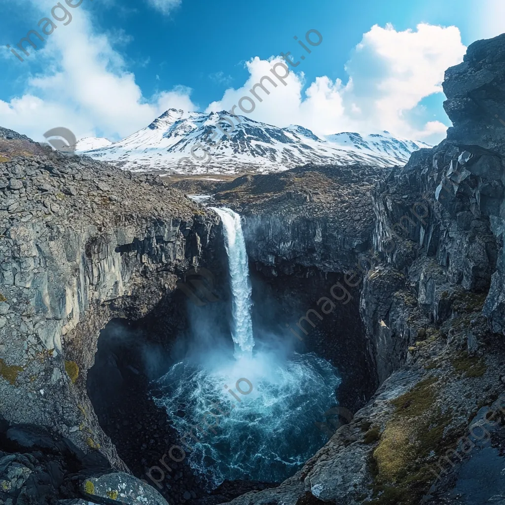 Waterfall falling into a rocky gorge with snow-capped peaks - Image 1