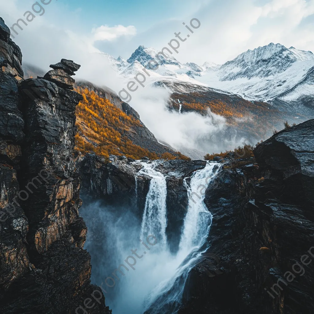 Waterfall falling into a rocky gorge with snow-capped peaks - Image 2