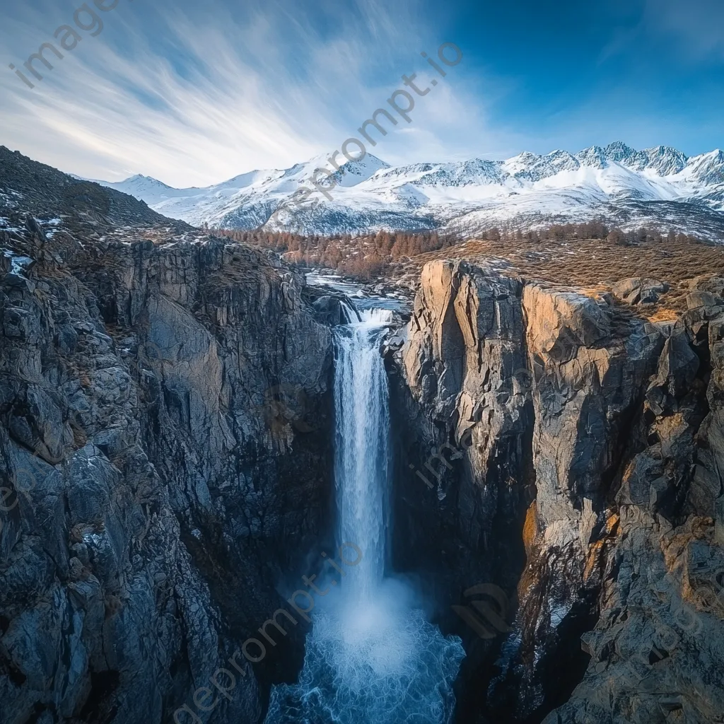 Waterfall falling into a rocky gorge with snow-capped peaks - Image 3