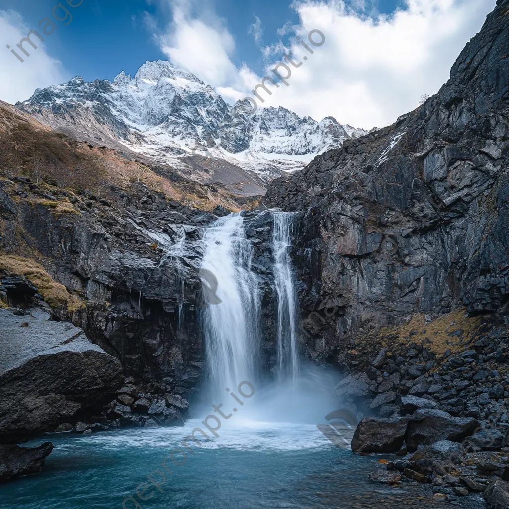 Waterfall falling into a rocky gorge with snow-capped peaks - Image 4