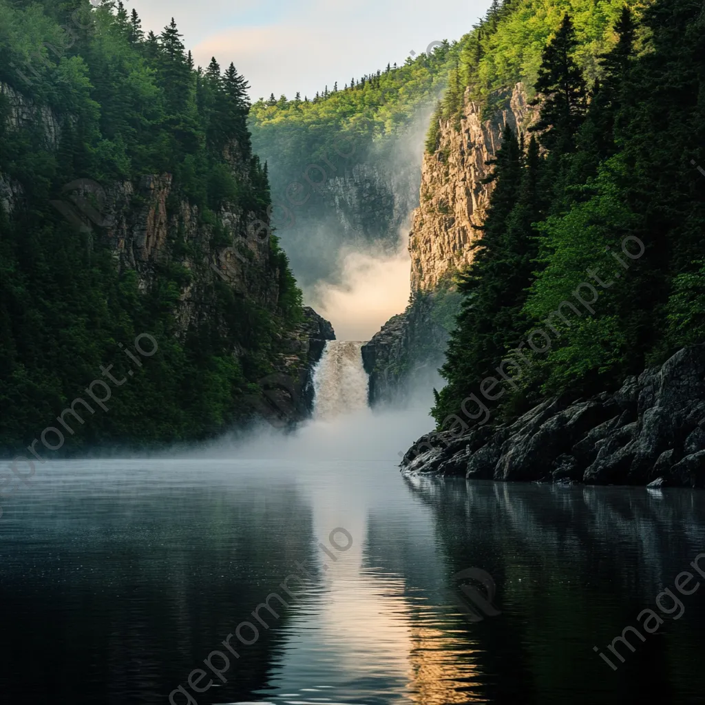 Waterfall cascading into a misty river with evening reflections - Image 1