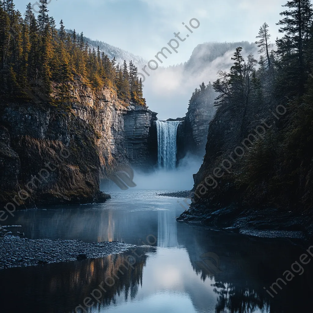 Waterfall cascading into a misty river with evening reflections - Image 2