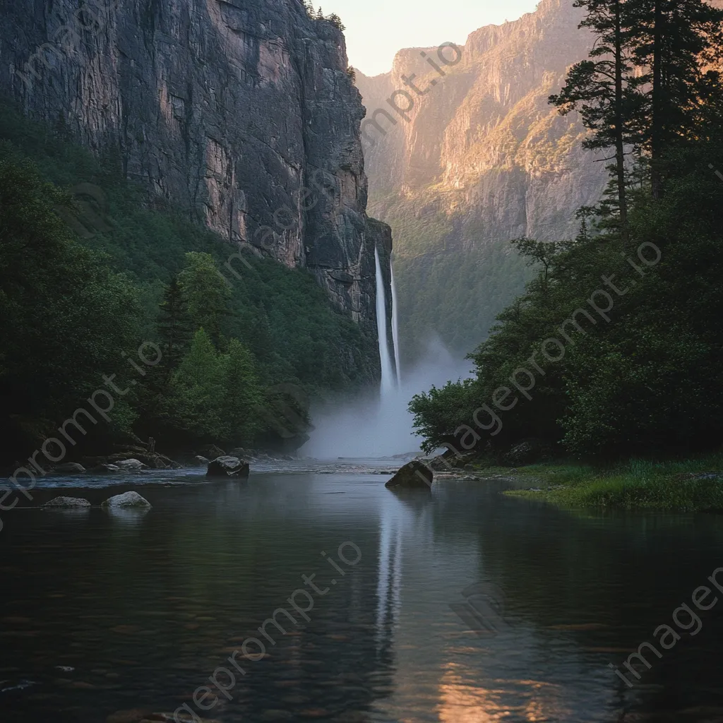 Waterfall cascading into a misty river with evening reflections - Image 3