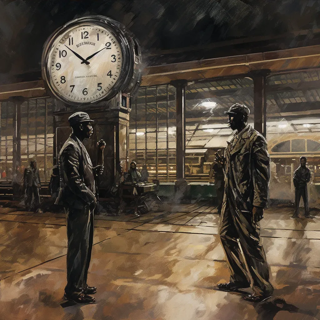 Image of a dramatic face-off in a deserted train station with the clock striking midnight - Image 3