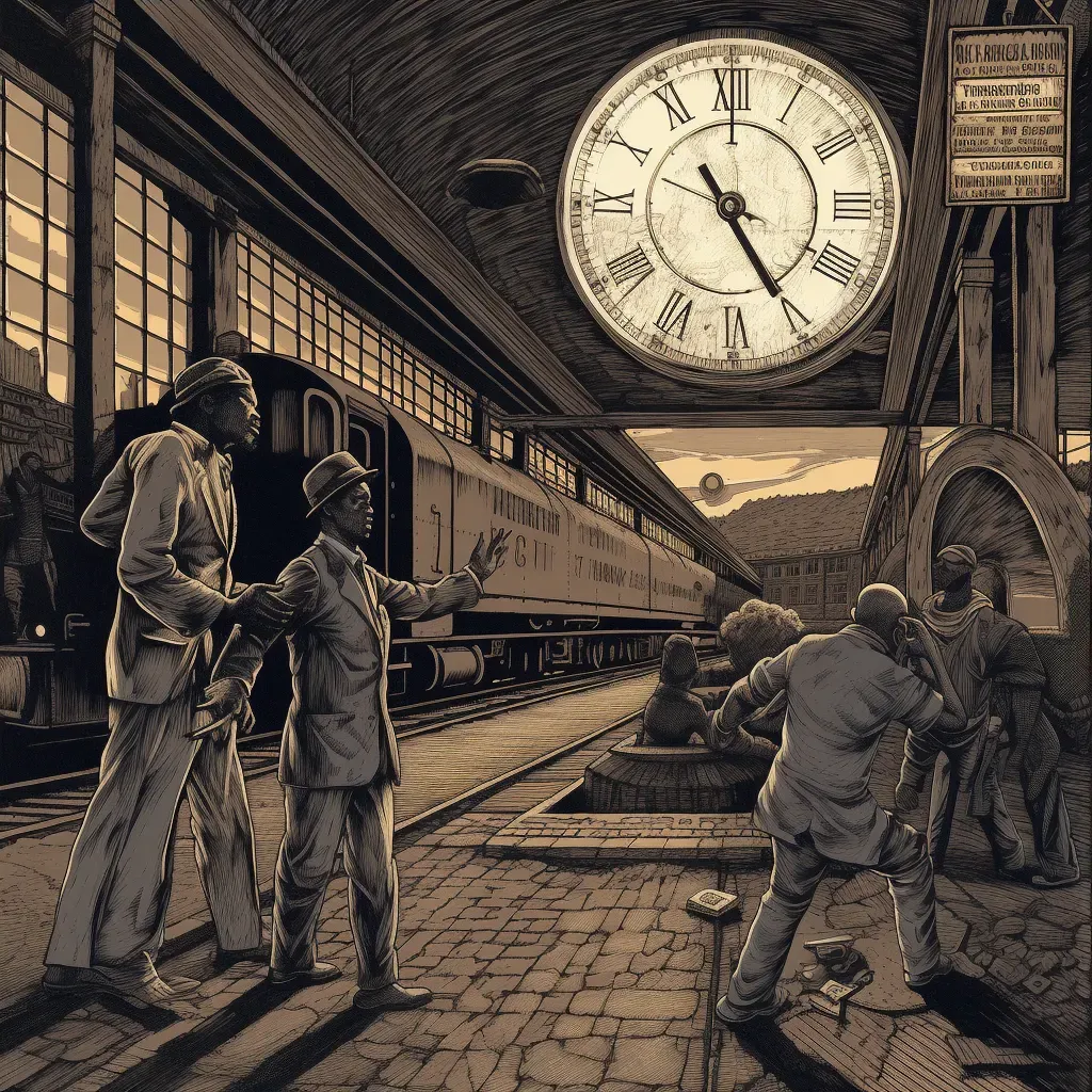 Image of a dramatic face-off in a deserted train station with the clock striking midnight - Image 4