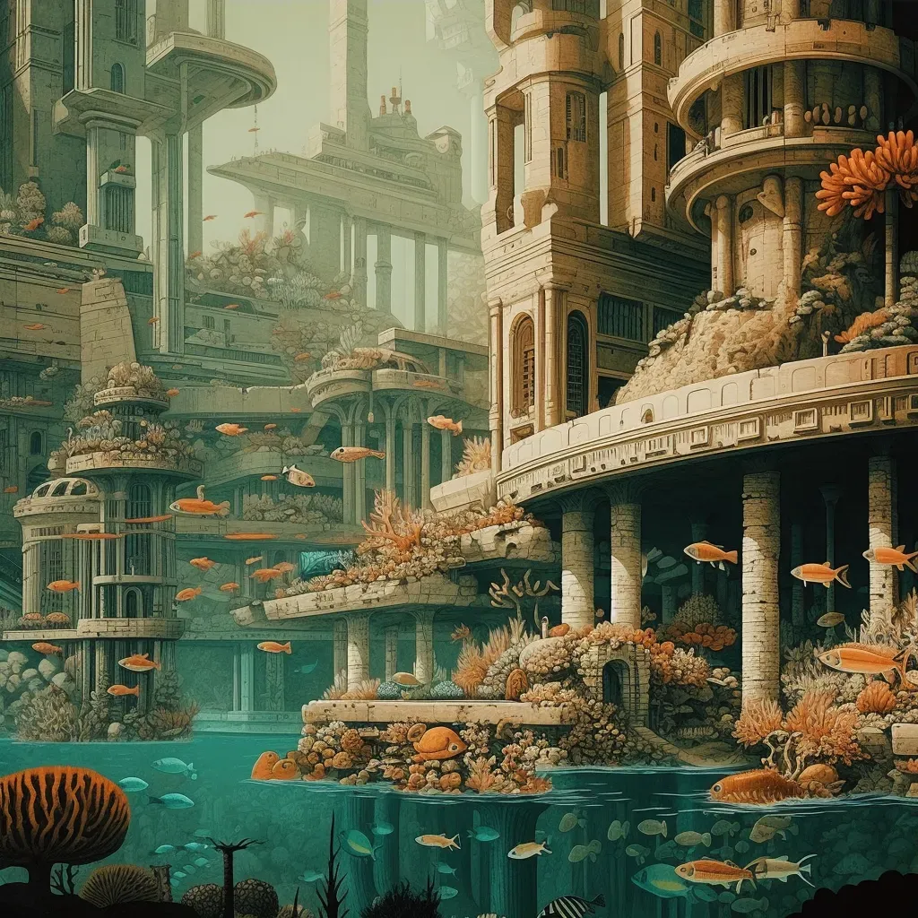 Hidden underwater city with marine life and grand structures - Image 3