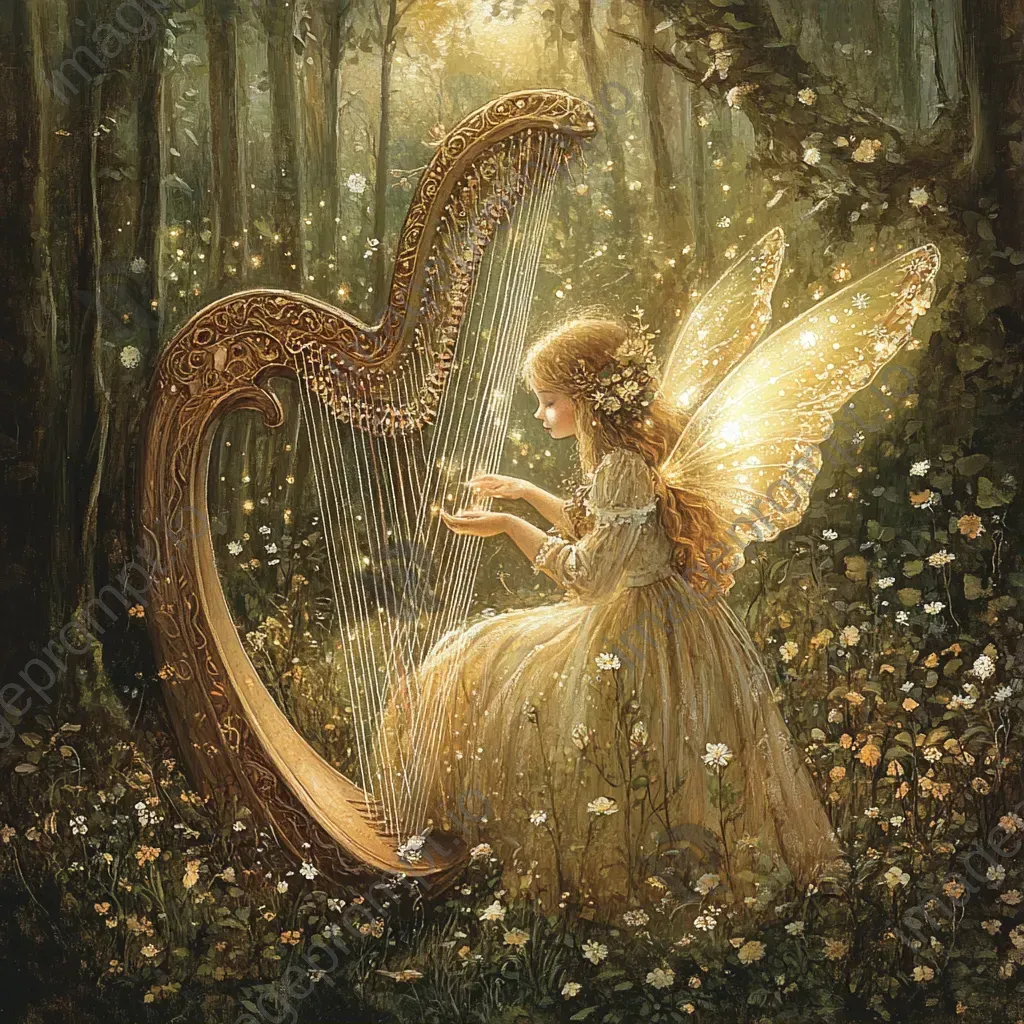 Fairy playing a magical harp with notes transforming into creatures of light - Image 1