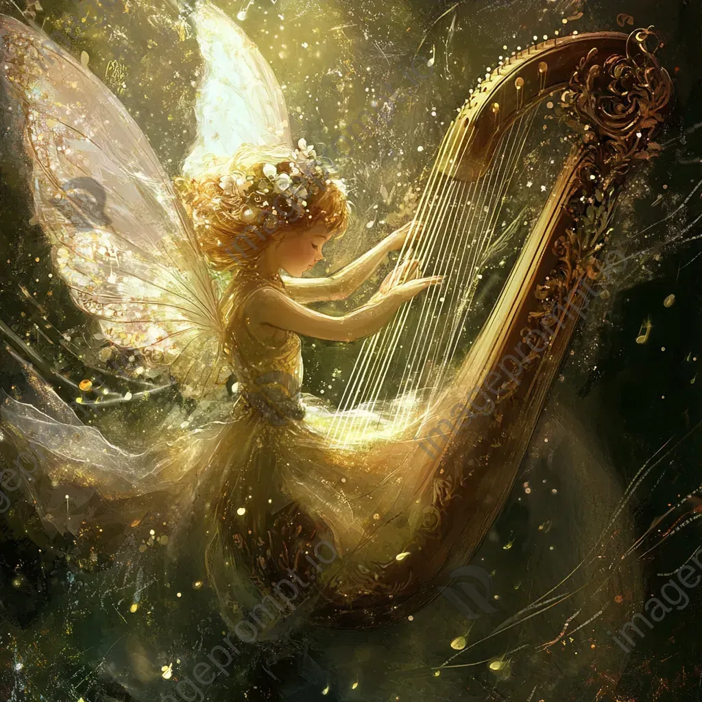 Fairy playing a magical harp with notes transforming into creatures of light - Image 3