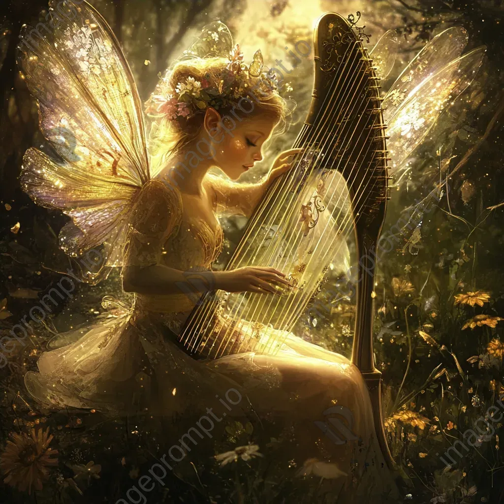 Fairy playing a magical harp with notes transforming into creatures of light - Image 4