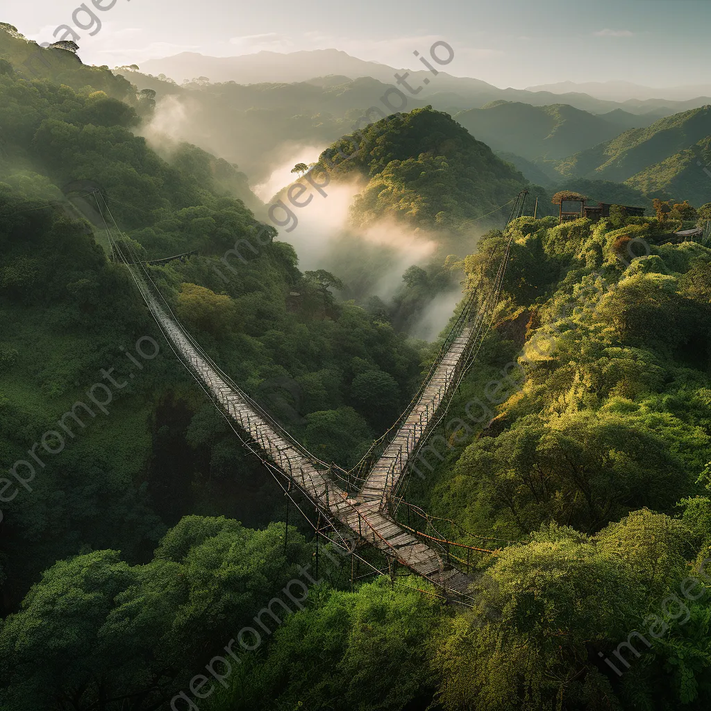 Traditional rope bridge over a green valley at dawn - Image 1