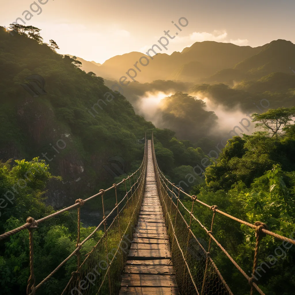 Traditional rope bridge over a green valley at dawn - Image 2