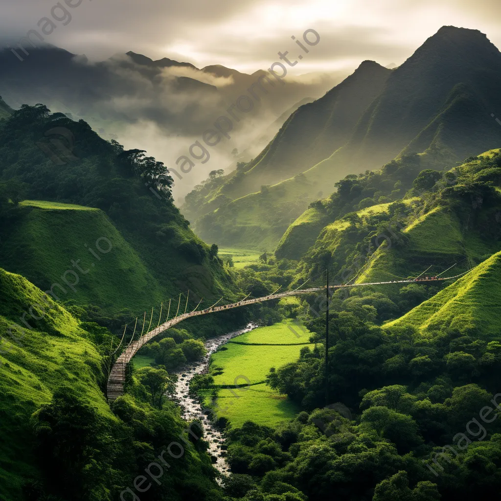 Traditional rope bridge over a green valley at dawn - Image 4