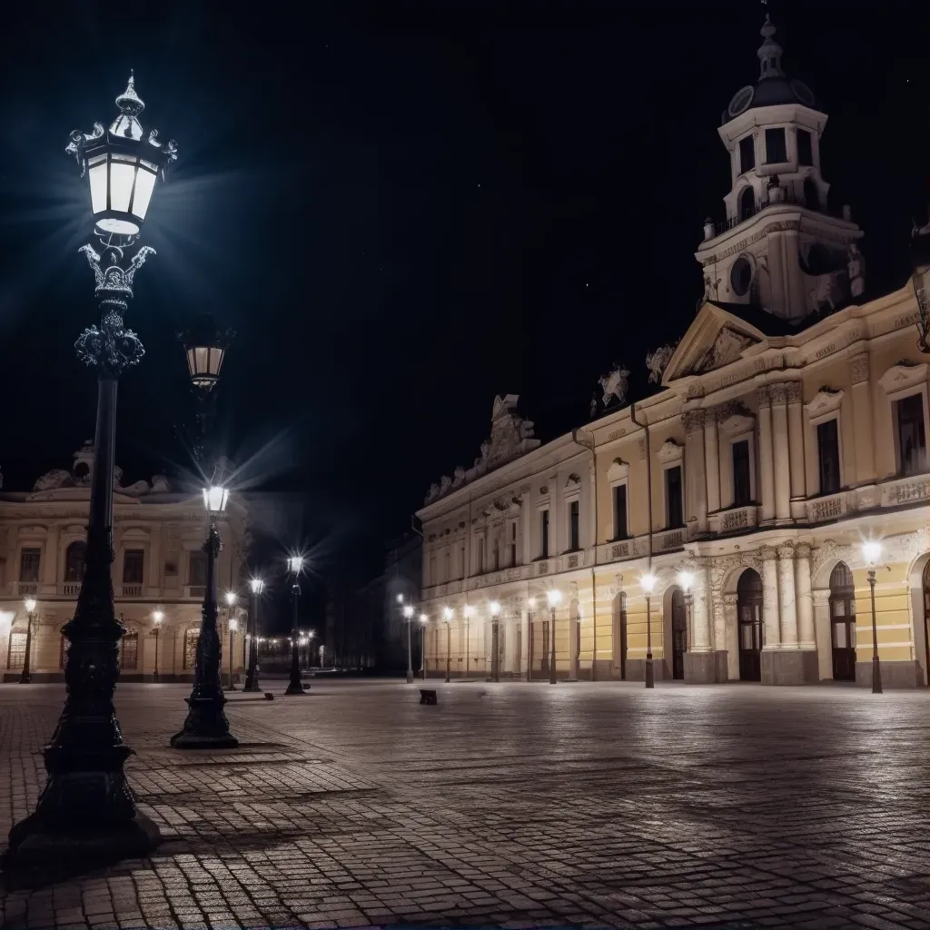 Historic city square with ornate street lamps glowing at night - Image 1