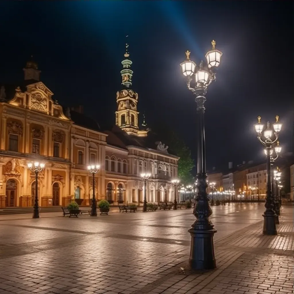 Historic city square with ornate street lamps glowing at night - Image 3