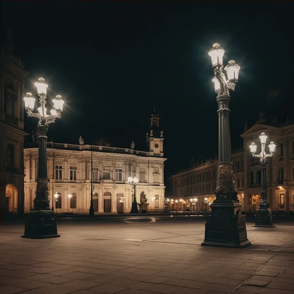 Historic city square with ornate street lamps glowing at night - Image 4