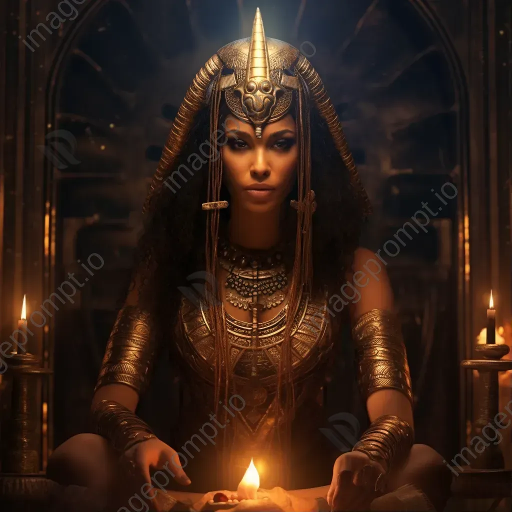 An ancient Egyptian priestess bearing ornate hieroglyphic tattoos, glowing in candlelight - Image 1