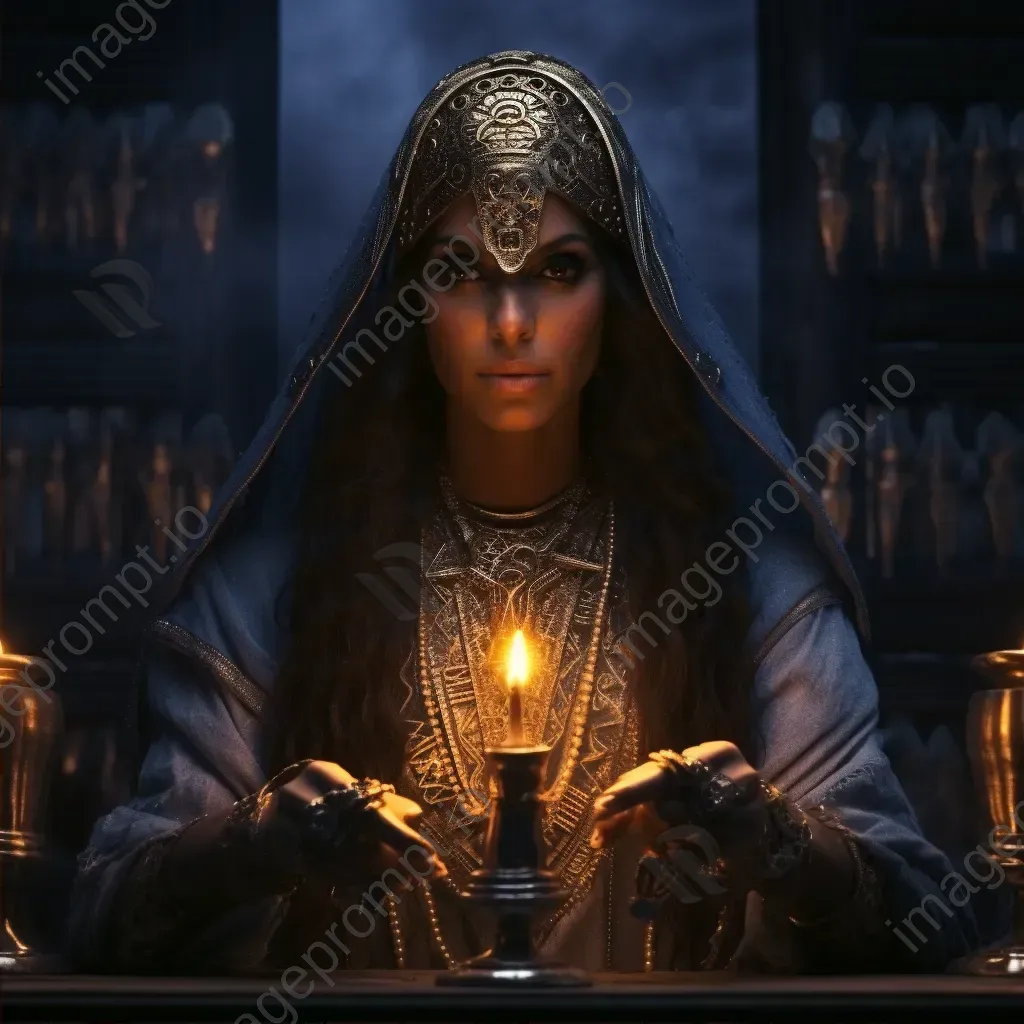 An ancient Egyptian priestess bearing ornate hieroglyphic tattoos, glowing in candlelight - Image 2