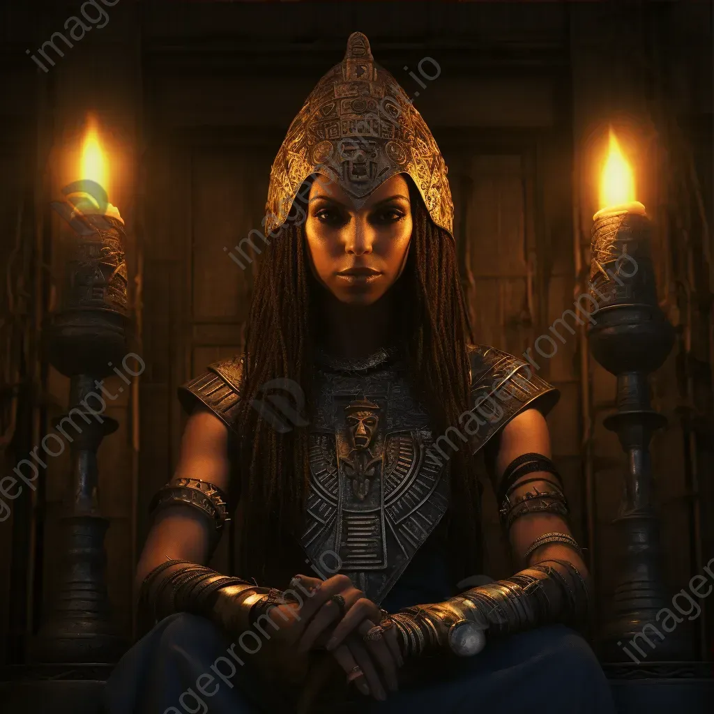 An ancient Egyptian priestess bearing ornate hieroglyphic tattoos, glowing in candlelight - Image 3