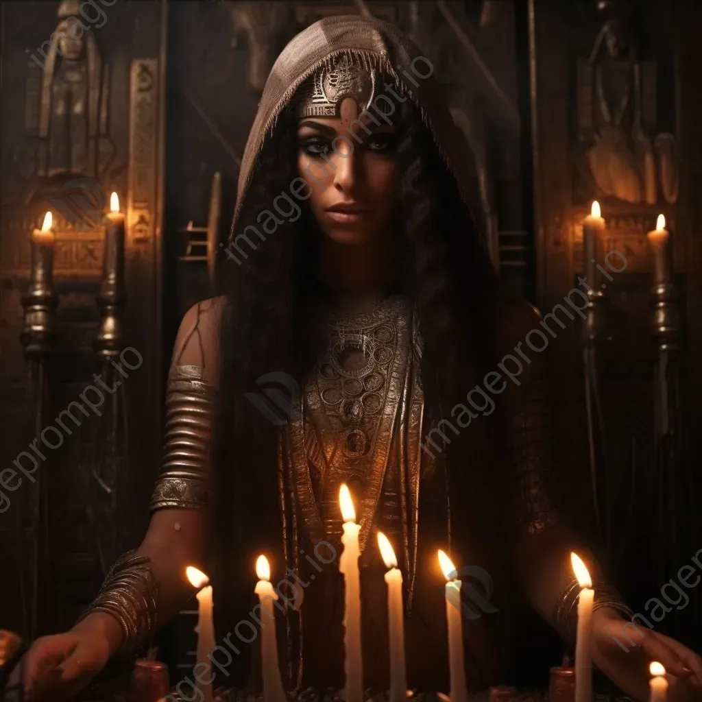 An ancient Egyptian priestess bearing ornate hieroglyphic tattoos, glowing in candlelight - Image 4