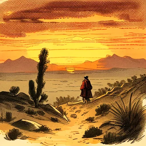 Colorful sunset over a calm desert, representing the end of a journey - Image 1