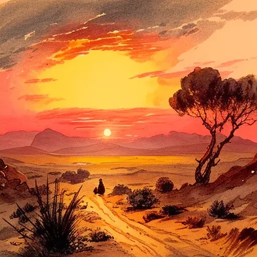 Vibrant Sunset Over Peaceful Desert Signifying Journey