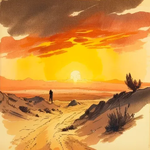 Colorful sunset over a calm desert, representing the end of a journey - Image 4