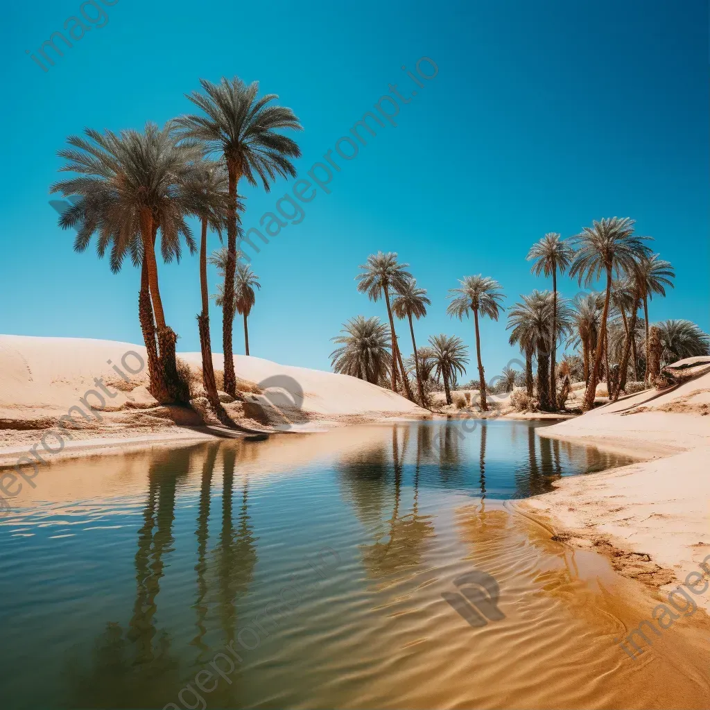 Desert oasis with palm trees under clear blue sky - Image 1