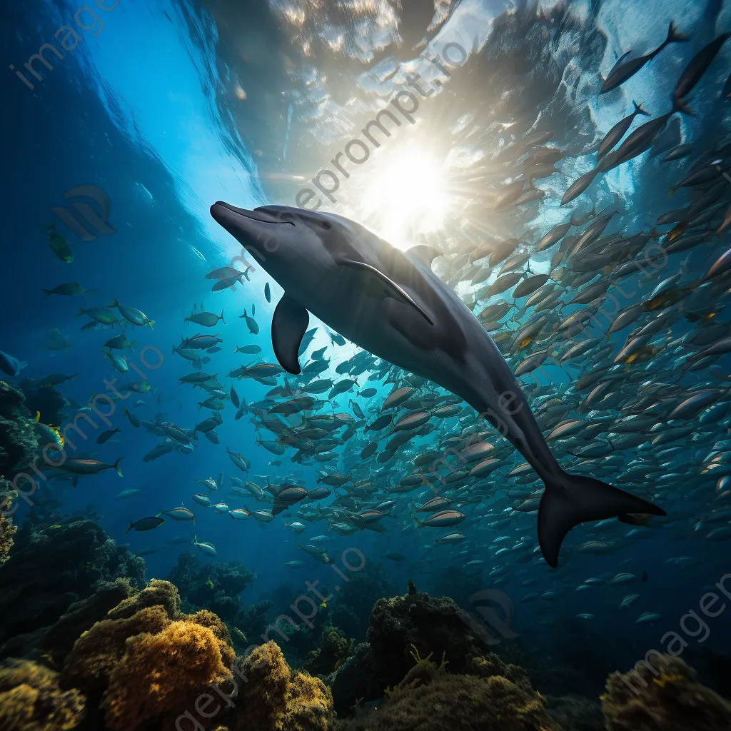 Underwater shot of a dolphin swimming among silver fish. - Image 2