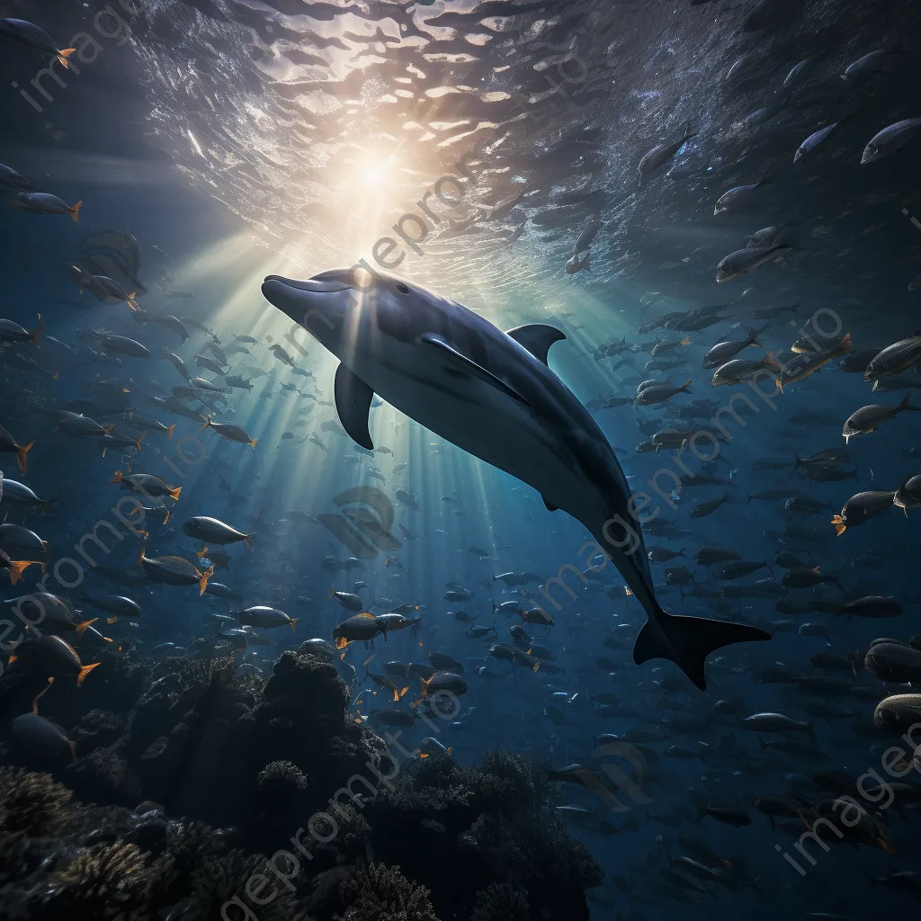 Underwater shot of a dolphin swimming among silver fish. - Image 3