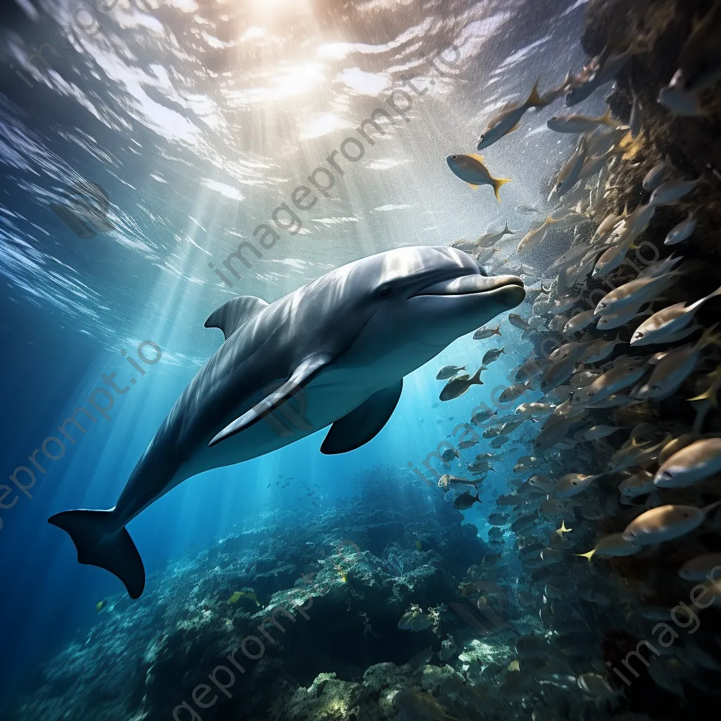 Underwater shot of a dolphin swimming among silver fish. - Image 4