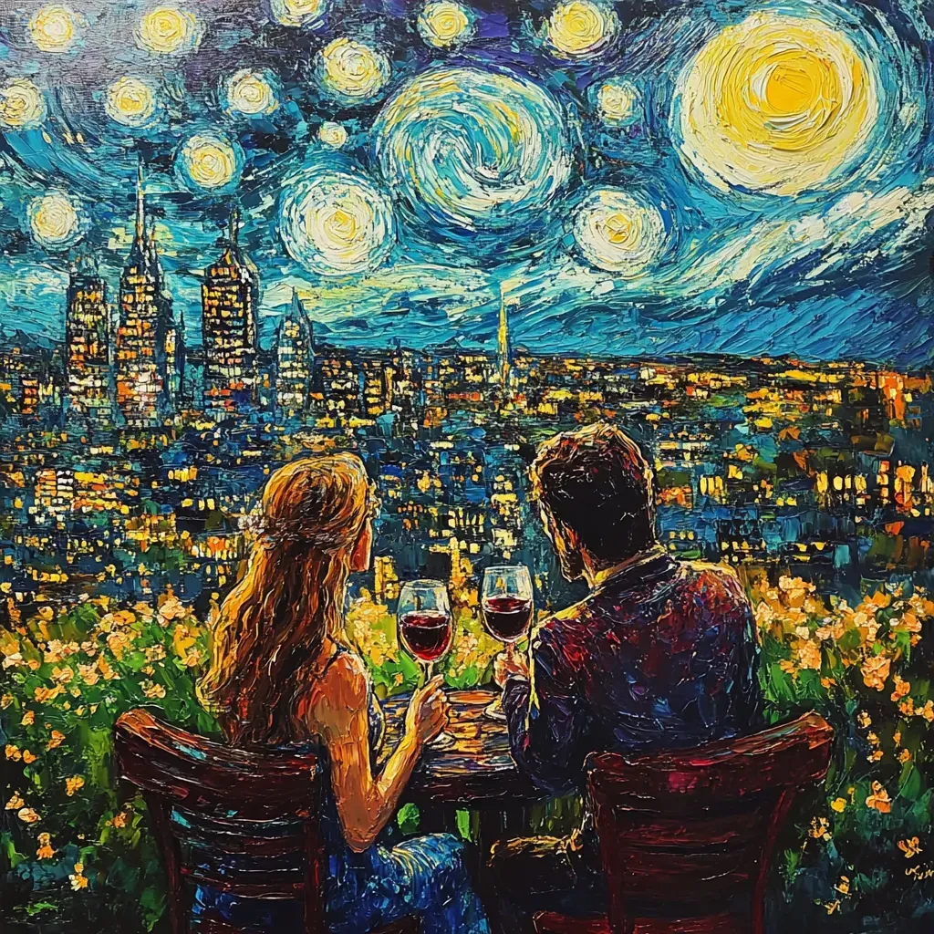 Impressionistic style image of a couple on rooftop with stars reflected in their wine glasses - Image 3