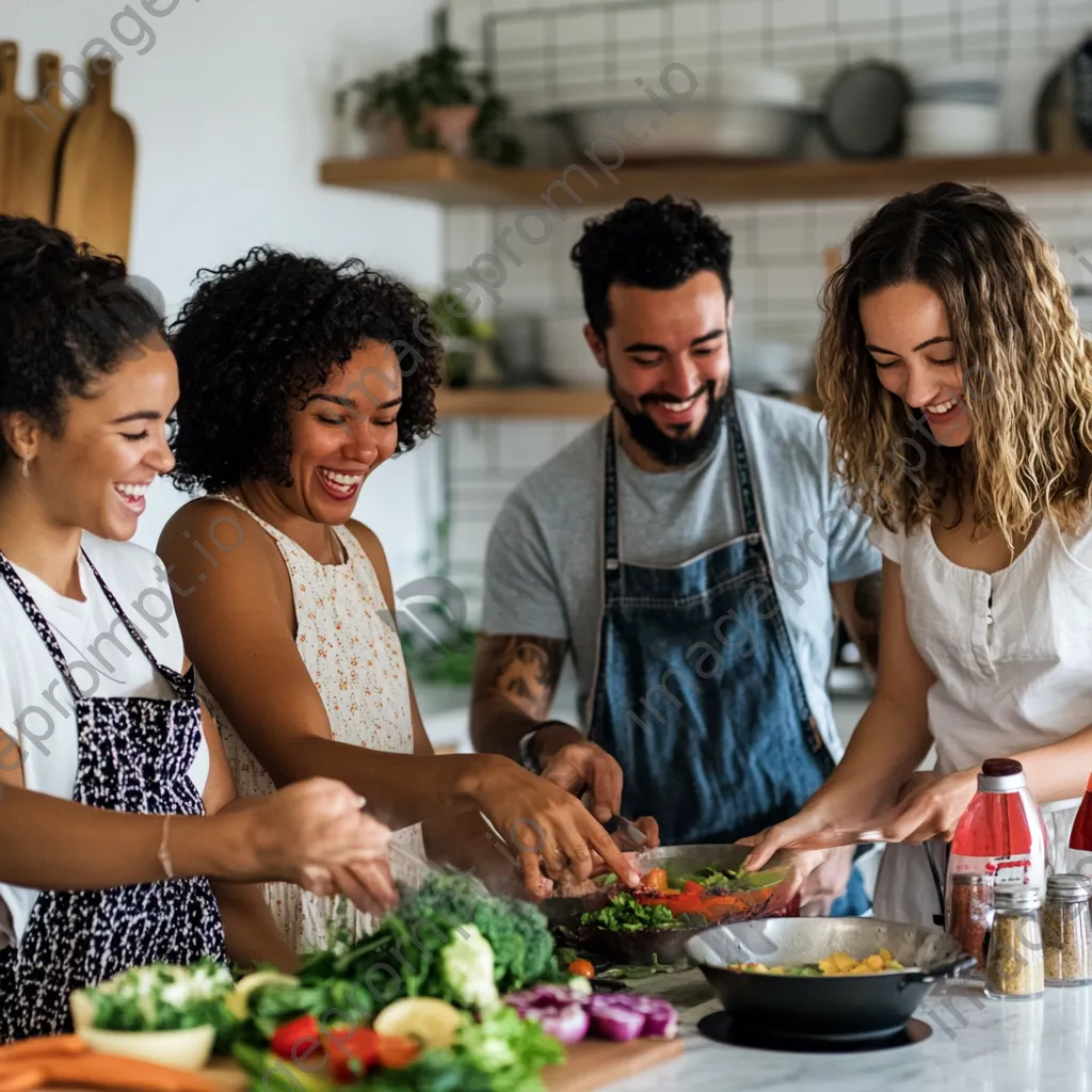 Diverse friends happily cooking together in a bright kitchen - Image 1